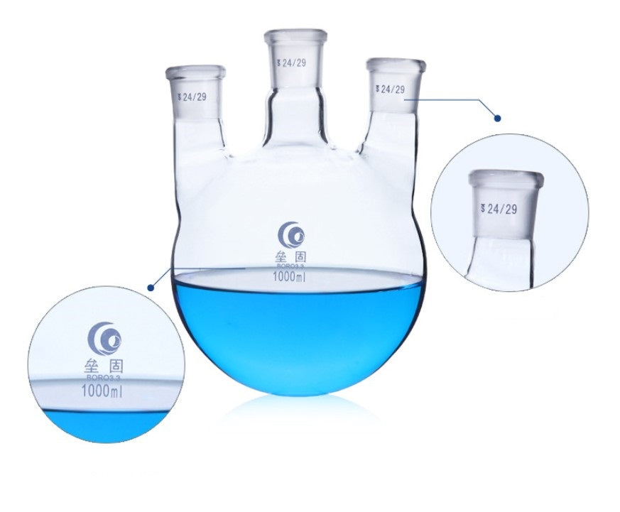 Clamped straight three-neck flask, high-boron-silicate thick-walled glass reaction vessel with three necks and round bottom for laboratory use