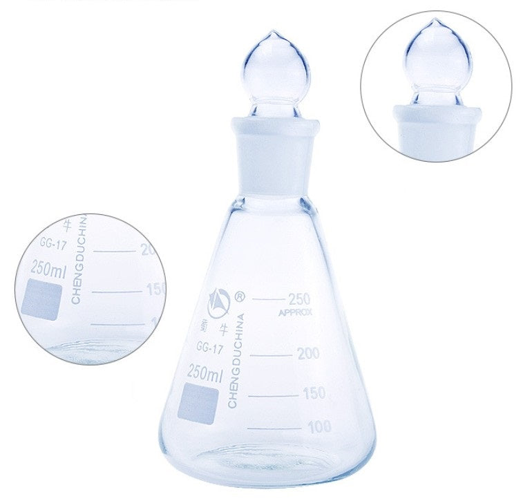 Glass Erlenmeyer flask with stopper, ground mouth conical flask, high borosilicate triangular flask with standard taper joint, glass bottle with lid