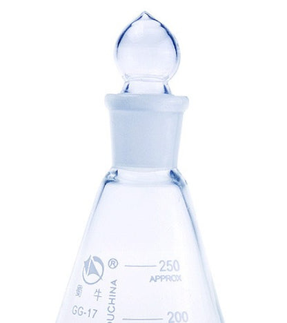Glass Erlenmeyer flask with stopper, ground mouth conical flask, high borosilicate triangular flask with standard taper joint, glass bottle with lid